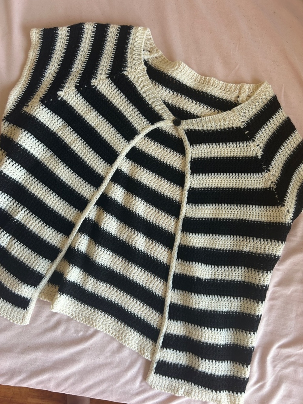 SHEIN Black & Cream Striped Crochet Cardigan Vest